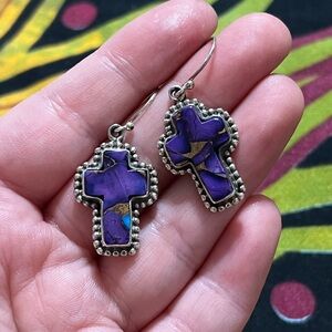Artisan Whimsigoth Cross Purple Ice Rose Dahlia Sterling 925 Pierced Earrings